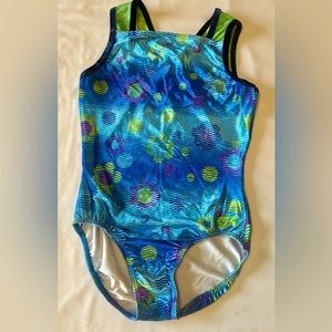 GK ELITE Gymnastics Dance Competition Leotard Adult M Medium Blue Green Flowers